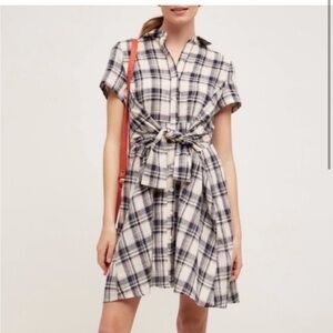 Anthropologie Plaid Tie Waist Knee Length Dress